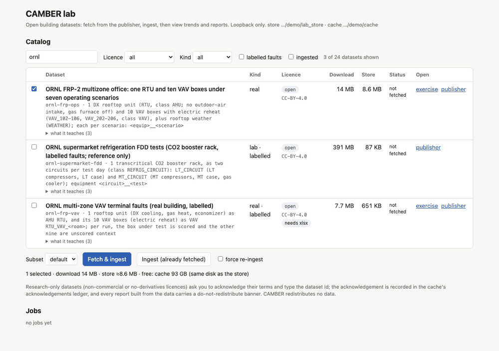 The camber lab catalog searched for ornl: three rows, ornl-frp-ops ticked, ornl-frp-vav marked needs xlsx, and the line under the buttons reading 1 selected, download 14 MB, store about 8.6 MB and the free space on the disk the cache and the store share